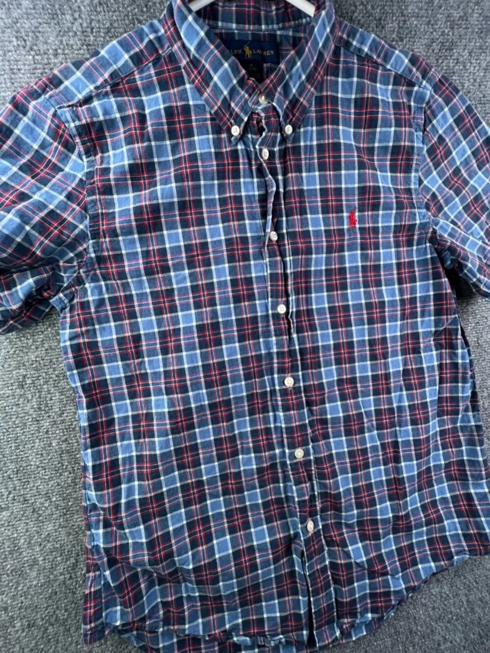 Ralph Lauren Boys Button Up Shirt Short Sleeve Blue Red Plaid XL 18-20 Cotton
